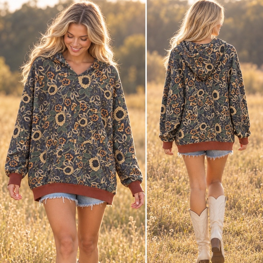 Natural Life Floral Hoodie L/XL Oversized Boho Sunflowers Raw Edge V-Neck NWOT